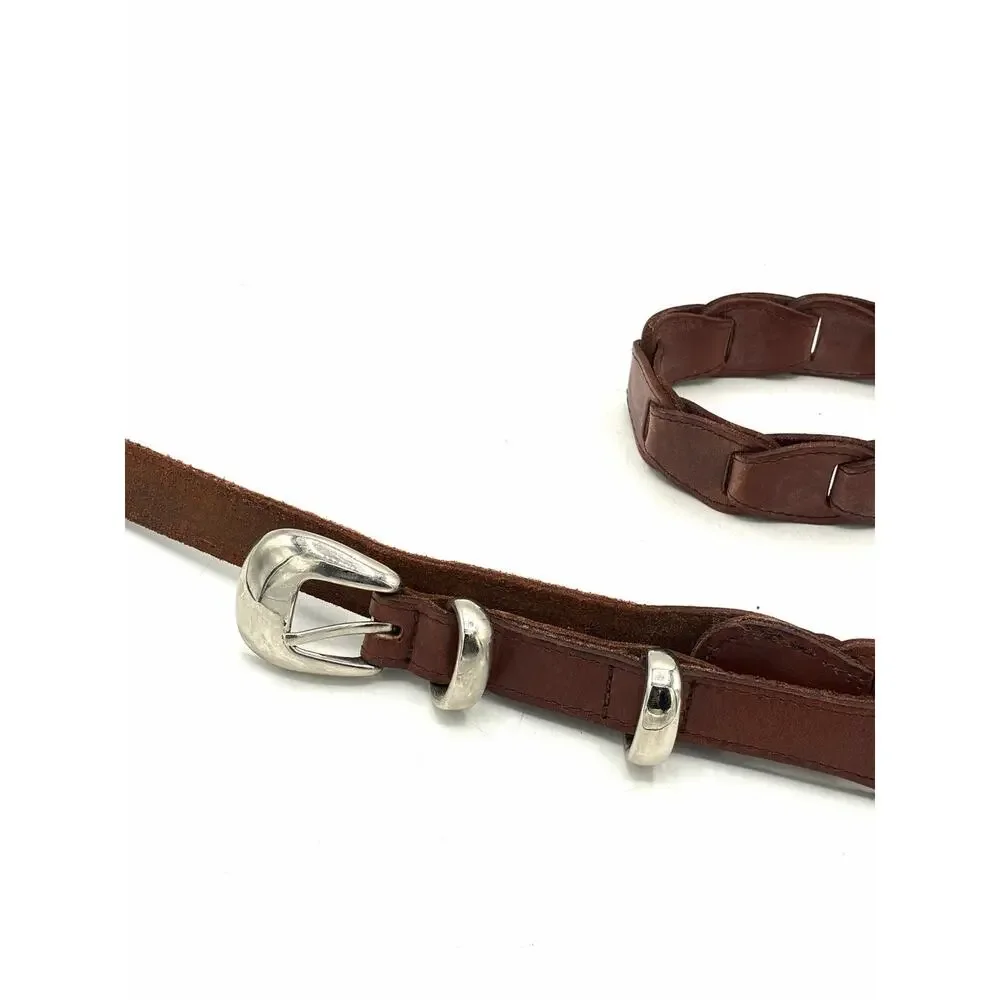 Brown Leather Link Belt Woven Interlocking Silver Buckle Size 42 Vintage Style